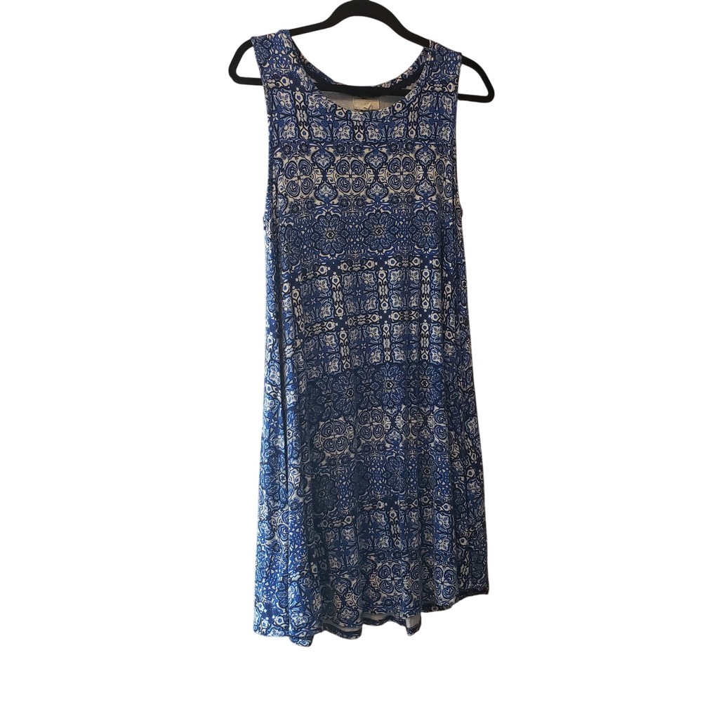 Cupio Womens Sleeveless Tile Print Dress Size L Blue White BT44930